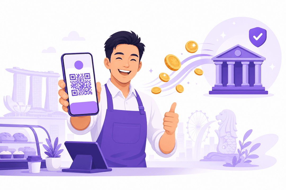Singapore business owner getting paid instantly with a PayNow QR code — money goes straight to their own bank