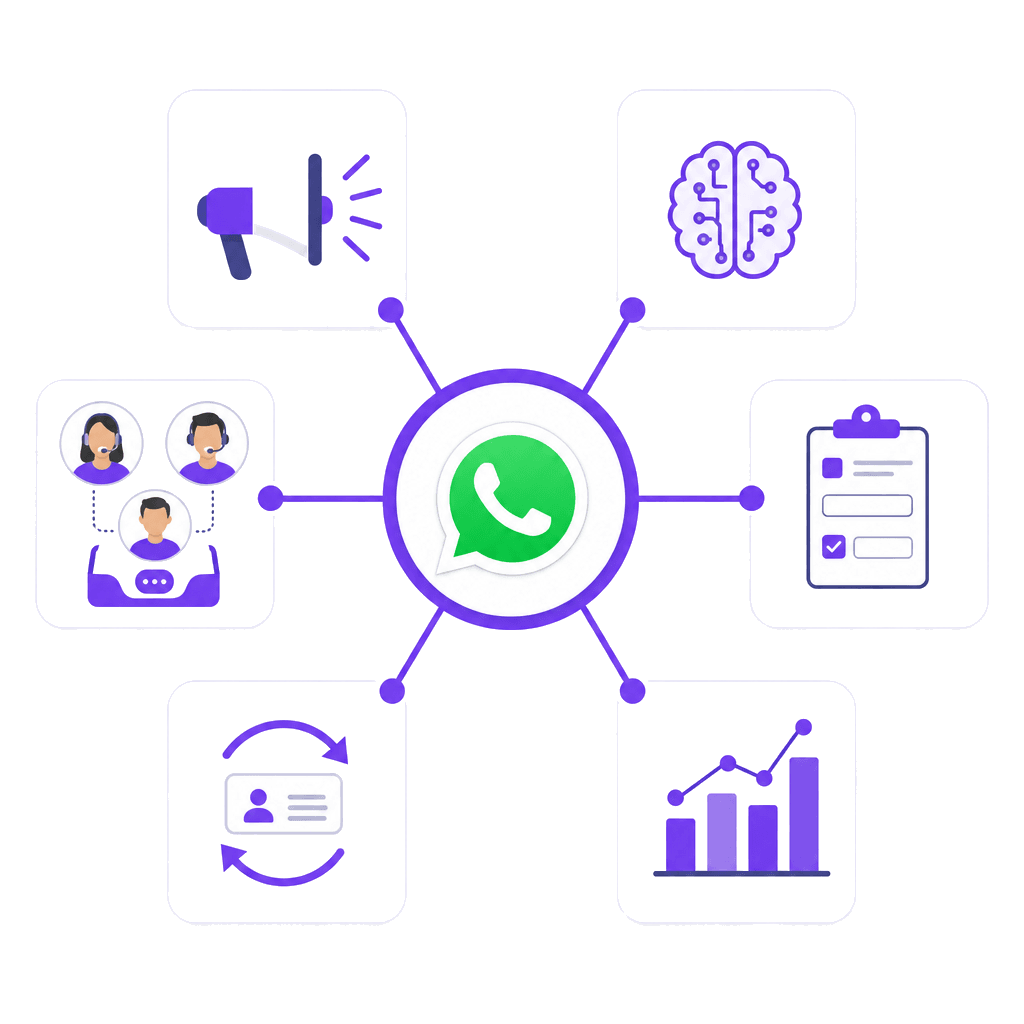WhatsApp Business API capabilities — broadcasts, AI chatbots, Flows, multi-agent inbox, CRM integration, analytics